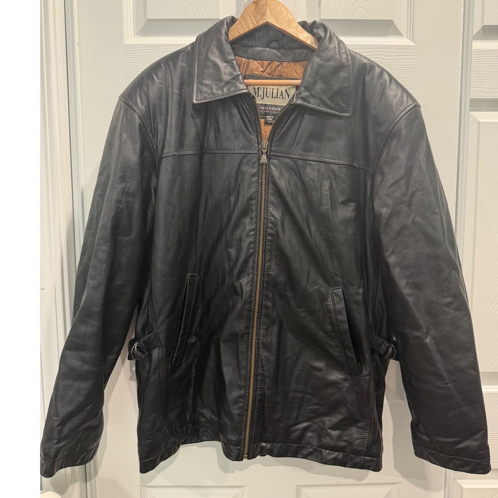 M Julian Wilsons Mens Black Leather Full Zip Jacket Large Point Collar Buckles